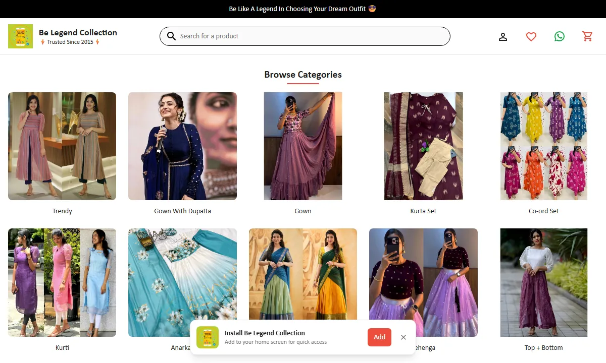 Screenshot of the belegendcollection.in website